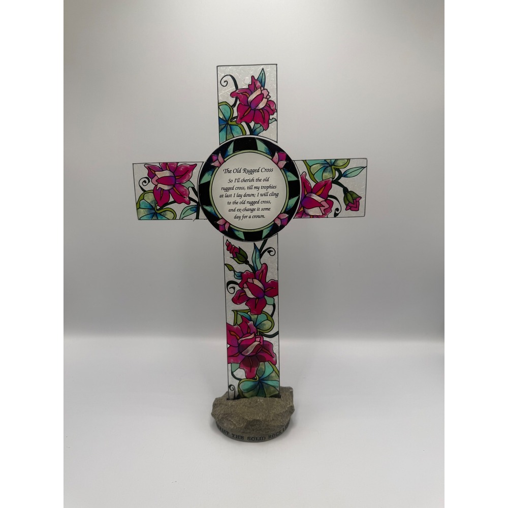 Amia Hand Painted Glass The Old Rugged Cross Floral Religious Decor Rock Base